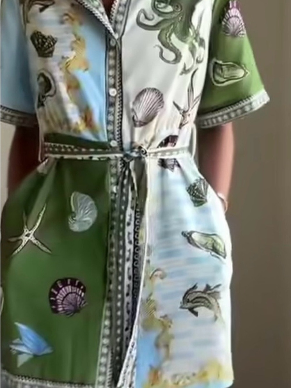 Sunday Up Line Sea Life Print Shirt Dress in Green & Light Blue